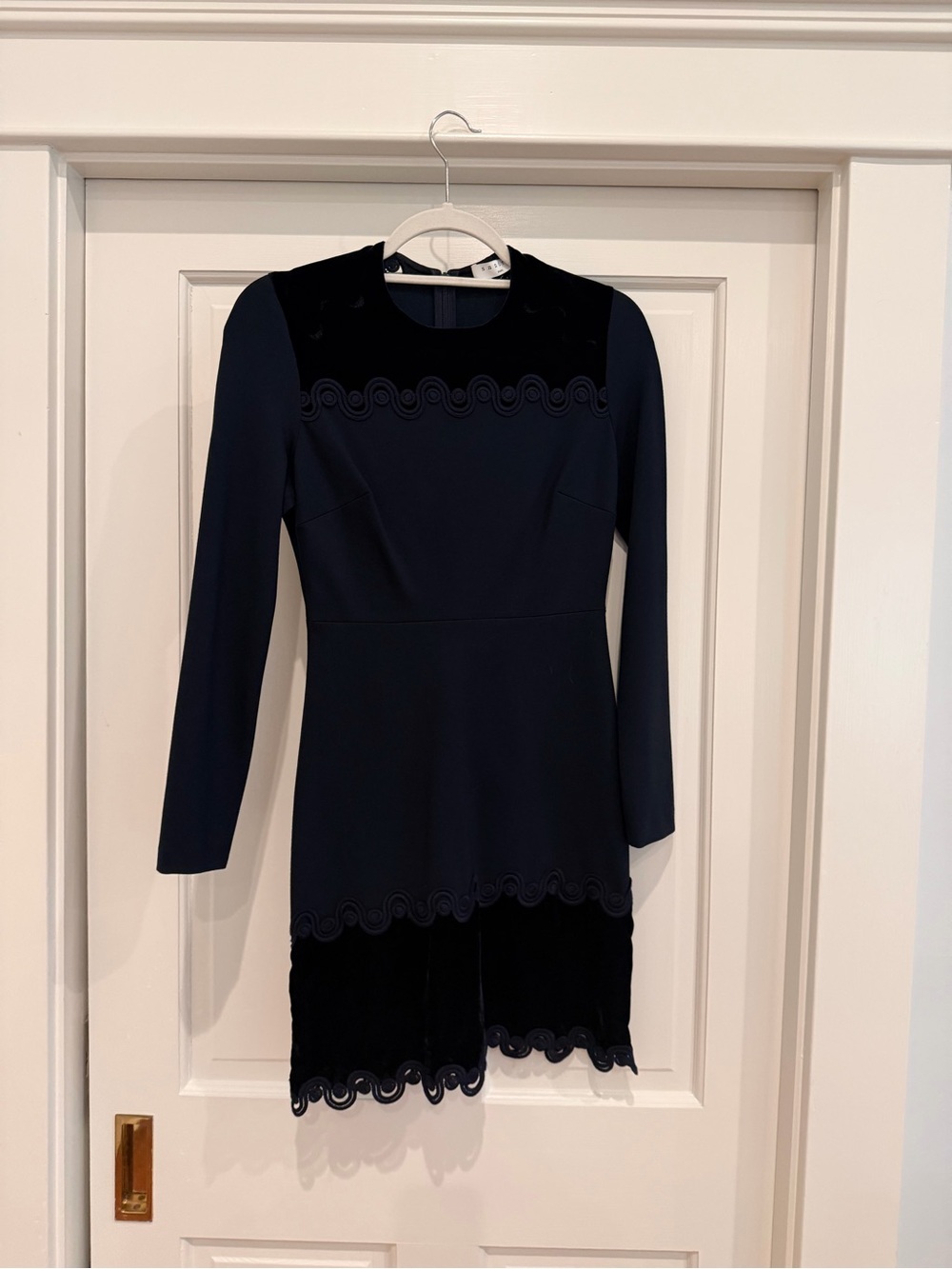 Sandro Navy Long-Sleeve Scalloped Trim Dress